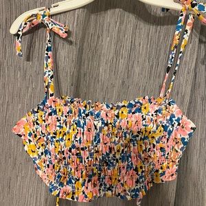 Smocked floral bandeau bikini top